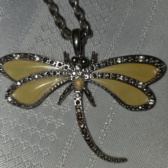 DragonFly Bug Necklace Costume Jewelry Yellow Silver Tone Good Luck Rhinestones - Picture 9 of 11